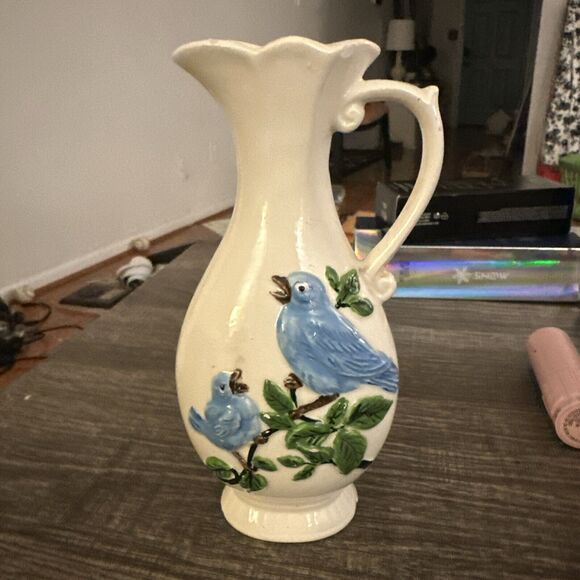 SOLD Bud Vase Pitcher Blue Birds 6" Tall Signed Vintage 1982 Hand Painted Office - Picture 2 of 10